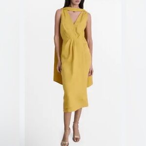 MANGO Scarf Detail Linen Mustard Sleeveless Midi Dress Size 6 NWOT